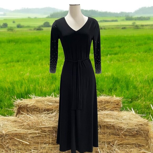 Blk Maxi Dress Rhinestone Cuff Sleeves Belted Elegant Formal Long Sleeve Glam S - Picture 1 of 10